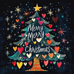 A Christmas tree with "Merry Christmas" in the center, surrounded by stars and hearts in various colors.