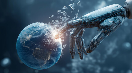 Robotic hand touches Earth causing digital explosion symbolizing artificial intelligence future technology innovation global network sci-fi concept cyberpunk high tech machine learning








