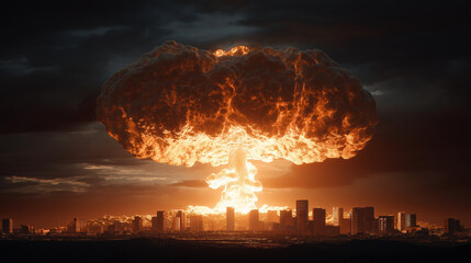 Huge nuclear explosion with massive mushroom cloud over city street cars driving towards blast dramatic apocalyptic scene fire destruction chaos end of world 