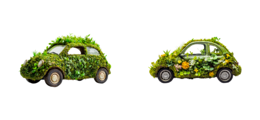Eco-friendly cars covered in greenery nature concept scenic view. Cut out png set