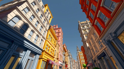 Cartoon city street with colorful buildings bright facades wide angle view urban scene vibrant architecture cozy neighborhood animated illustration cheerful mood playful design sunny day
