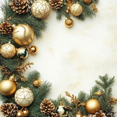 A garland of Christmas decorations with golden ornaments and pine branches.