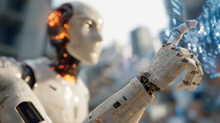 white robot interacting with futuristic digital interface artificial intelligence technology data analysis touchscreen glowing lights future innovation cyber environment