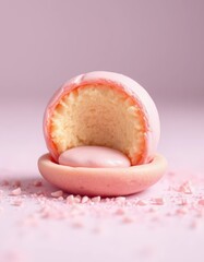 Soft pink cookie with a perfect sphere of pastel-colored filling, cookie, sugary, isolated