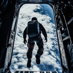 A lone skydiver prepares to leap from an aircraft into the open sky.