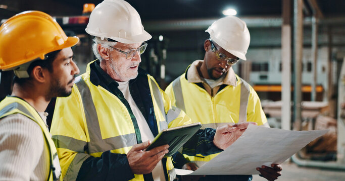 Teamwork, blueprint or people in carpentry workshop for furniture manufacturing, renovation or labor. Tablet, apprentice or carpenter crafting plan for woodwork, remodeling maintenance or restoration