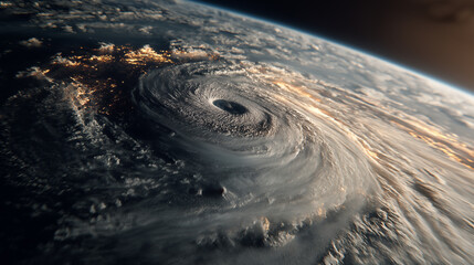 Aerial satellite view of a powerful swirling hurricane over the ocean showing dramatic cloud patterns extreme weather cyclone eye storm force nature atmosphere global climate
