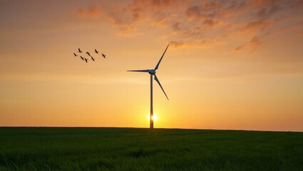 Wind turbine and birds silhouetted against a vibrant sunset over a green field.