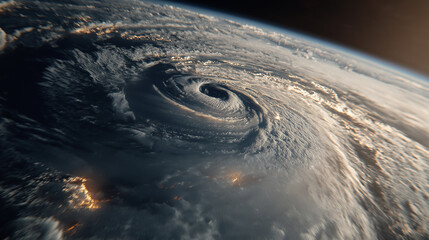 Aerial satellite view of a powerful swirling hurricane over the ocean showing dramatic cloud patterns extreme weather cyclone eye storm force nature atmosphere global climate