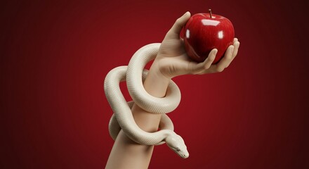A hand holds a vibrant red apple against a matching red background, while a white snake coils around the arm, creating a striking visual. 