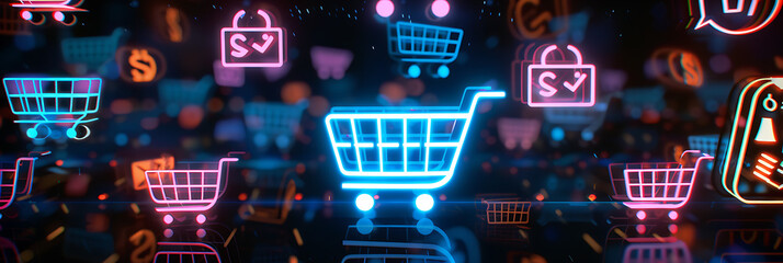 Glowing neon shopping cart, lock, and currency icons floating in abstract digital space. E-commerce, online retail, internet shopping, and digital transaction concept. 