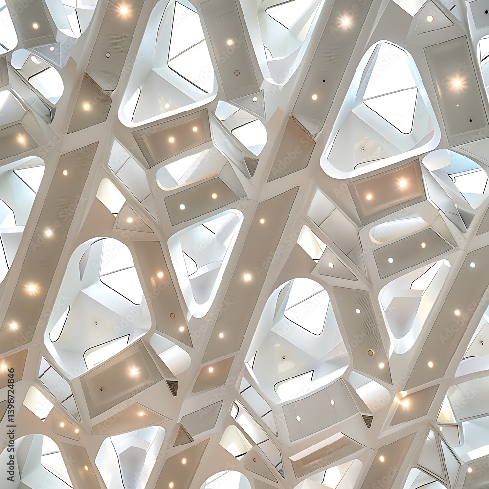 Poster abstract modern architectural ceiling detail featuring a complex geometric white structure with inte