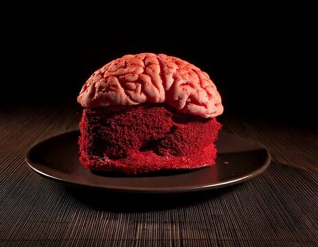 Realistic brain shaped cake with chocolate outer layer and red velvet inside, a creepy yet artistic dessert, horror theme with dramatic shadow