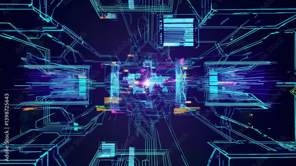 Aufkleber futuristic digital interface with a top-down camera angle, featuring neon blue circuit patterns and 