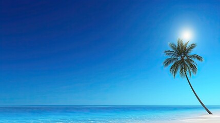 Fototapeta premium Tranquil Tropical Paradise: Lone Palm Tree on Pristine Beach under a Vivid Blue Sky