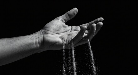 A hand holds sand that is slipping through the fingers, with a dark and blurred background. The image is in black and white, giving it a dramatic and timeless quality.