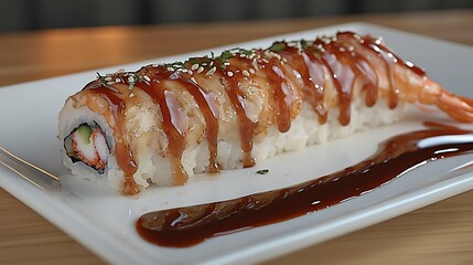 A delicious sushi roll with sauce on a rectangular white plate