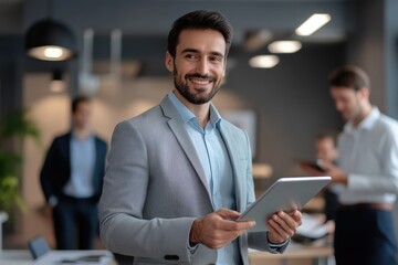 Professional man using a tablet in a modern office environment during a business meeting