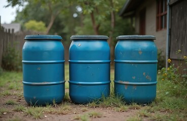 Obraz premium Three blue barrels placed on grass. Plastic containers for water, waste or storage. Drums are in natural environment near house and fence. Waste management. Eco-friendly living.