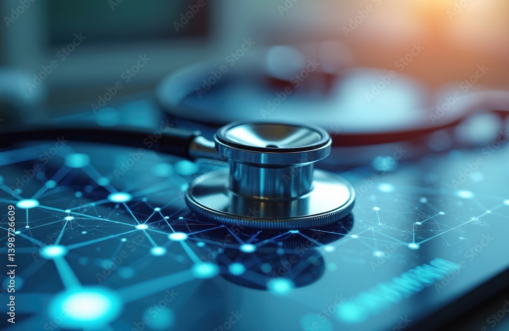 Poster stethoscope on digital tablet analyzing futuristic medical data. embracing tech advancements in heal