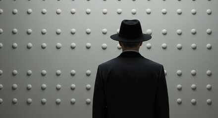 A man in a black suit and hat stands with his back to the viewer, facing a gray wall with a pattern of white spheres. The image has a mysterious and enigmatic quality.