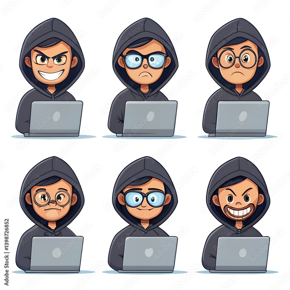 Poster cartoon hacker characters six diverse expressions with laptops