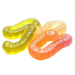 Colorful gummy worms in various flavors arranged on a bright background