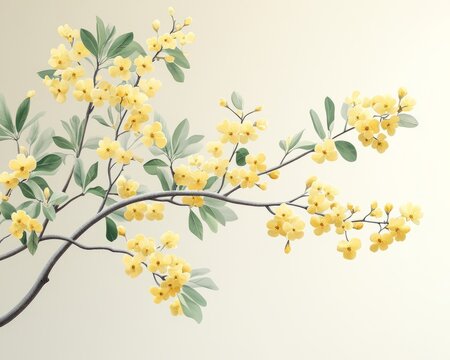 Minimalist realistic blooming tipuana tree, yellow blossoms, top-down view on light beige background.