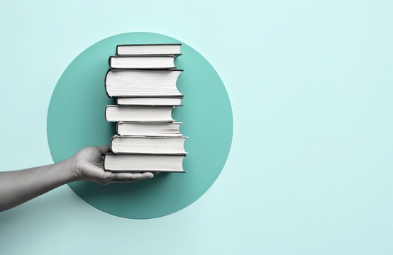 Hand holds stack books against turquoise background. Education, knowledge, reading, learning concept. Academic, school, university, collage study, diploma, graduation. Ideal for educational promo,