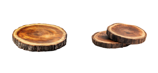 Wooden discs display natural setting product rustic vibe. Cut out png set