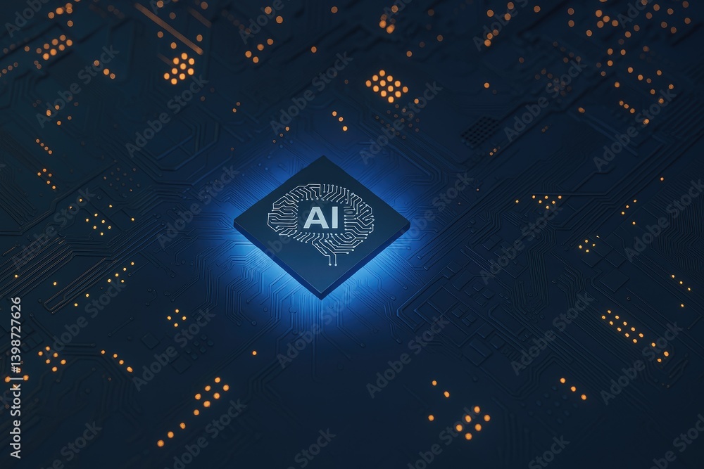 Poster glowing ai microchip on a futuristic dark circuit board with orange and blue lights. ideal for tech 