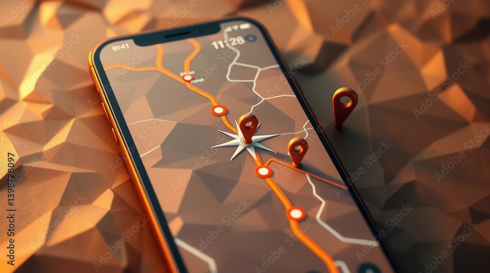Poster smartphone display showcasing a digital map with route marked by location pins and navigational aid.