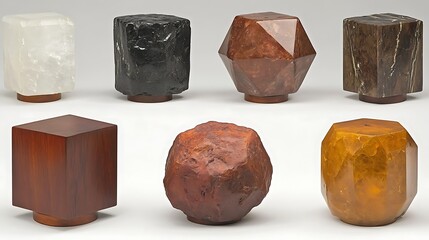 Various geometric sculptures resting on small circular wooden bases