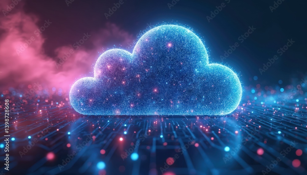 Poster Futuristic cloud computing data processing tech concept. Digital cloud shape with circuit background, data streams, network connection. Cyberspace, global network, online information storage server.