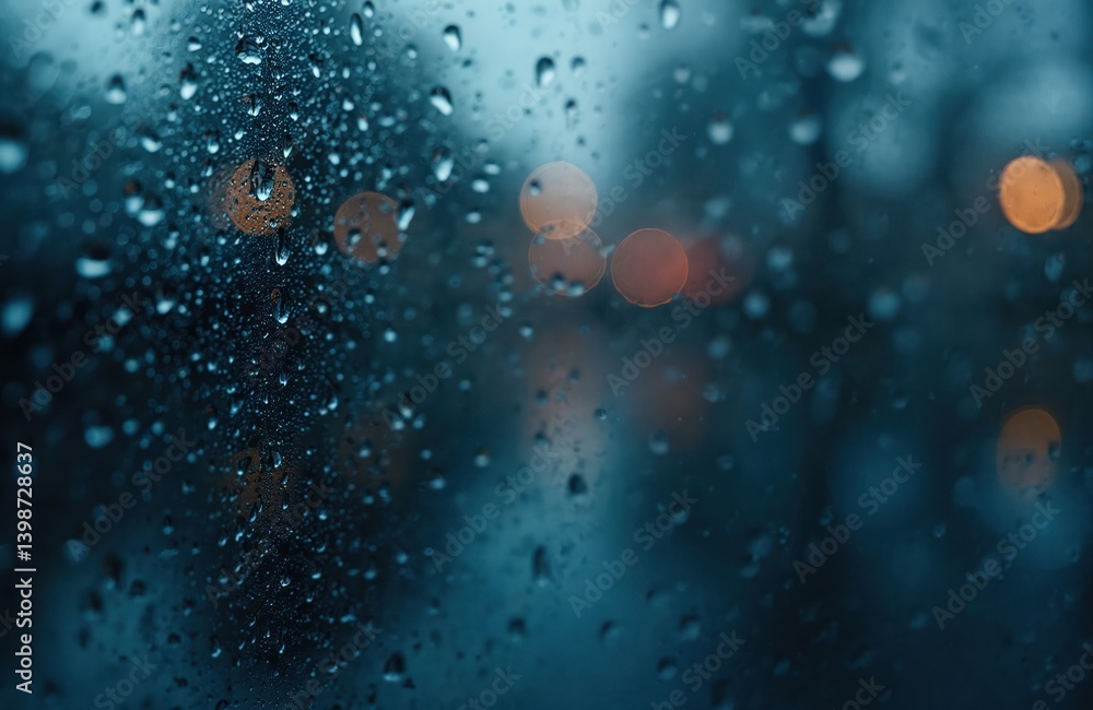 Poster raindrops on window glass. abstract background with blurred bokeh lights. water drops on surface, we