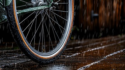 Rainy Day Ride: Close-up of a bicycle tire in the rain