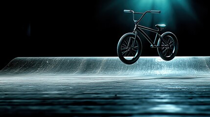 Obraz premium BMX Bike in Mid-Air Above Ramp: A Dark and Dramatic Image
