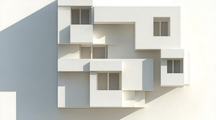 Abstract architectural facade with protruding geometric shapes and windows