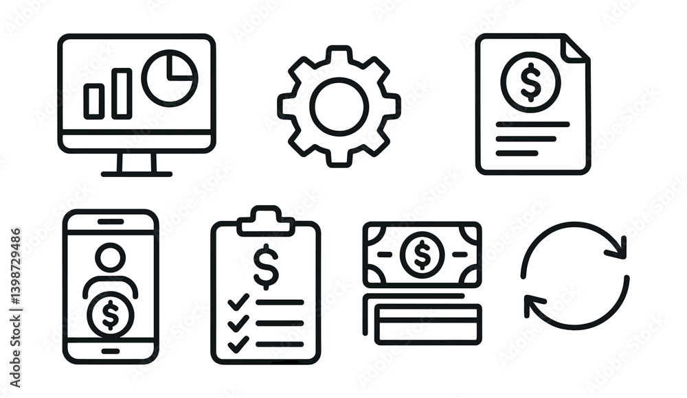 Poster set of icons for a computer screen, including a cell phone, a computer monitor