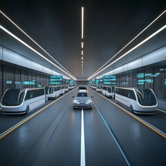Obraz premium a sleek transit corridor bustling with autonomous vehicles and digital signage isolated on a plain background a modern roadway lined with self driving cars and interactive displays