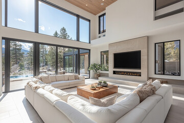 Fototapeta premium Modern living room with large windows and mountain view