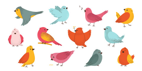 Obraz premium Collection of isolated beautiful cute birds in flat hand drawn style. Various poses and colors. Perfect for children decor, festive card, sticker, pattern