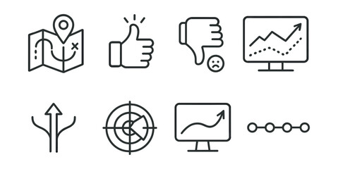 Set of icons for a map, thumbs up, thumbs down, and a computer monitor