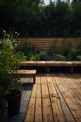 A wooden deck with a bench and potted plants