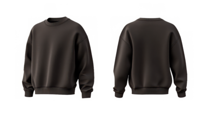 Front and back views of a brown sweatshirt with stripe details on transparent background