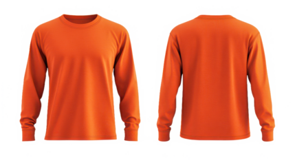 Front and back view of an orange long sleeved shirt on display on transparent background