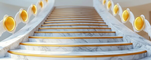 Majestic staircase with angelic accents elegant interior architectural design bright atmosphere upward perspective