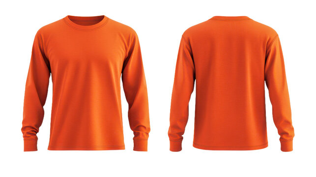 Front and back view of an orange long sleeved shirt on display on transparent background