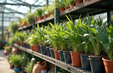 Indoor shade tolerant plants in pots on sale in a greenhouse store. Various fresh green plants in pots for sale. Botany, nature, gardening, shop, business, agriculture.
