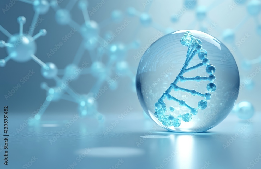 Poster 3d rendering of dna helix model inside glass sphere. bright blue concept, molecular structure repres